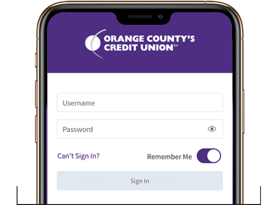 Smart Phone Login Screen of Orange County's Credit Union App