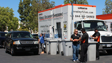Photo of a Williams Data Management shredding truck accepting documents from a black SUV that has driven up