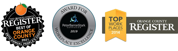 Awards from OC Register Best of OC 2021 and Peter Barron Stark Workplace Excellence 2019 and OC Register Top Places to Work 2014
