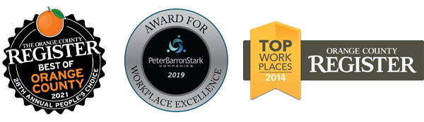 Awards from OC Register Best of OC 2021 and Peter Barron Stark Workplace Excellence 2019 and OC Register Top Places to Work 2014