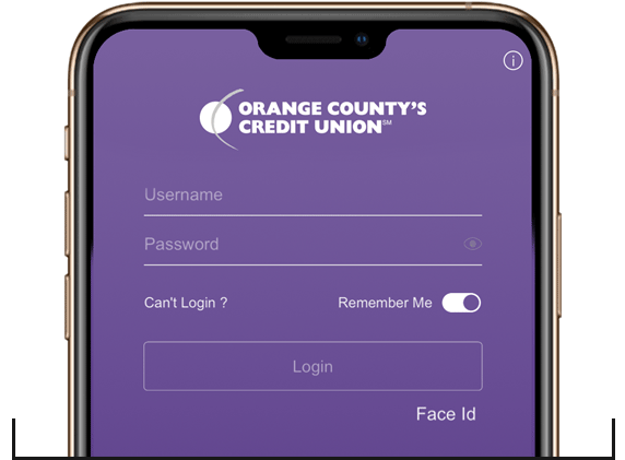 Image of phone displaying Orange County's Credit Union App