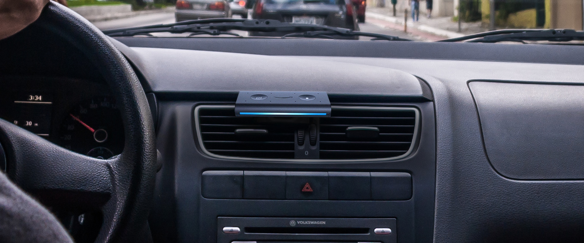 Amazon Echo Alexa on a vehicle dashboard