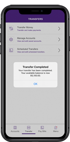 Image of a phone after a transfer is complete using the Orange County's Credit Union App