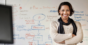 Female professional standing in front of a marked up whiteboard