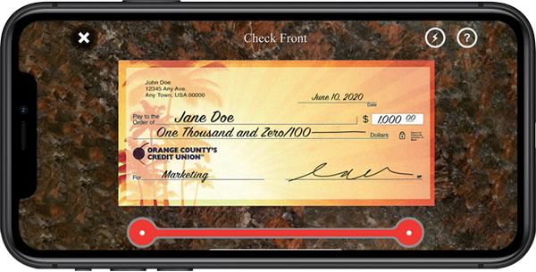 Image of phone making mobile check deposit on Orange County's Credit Union app