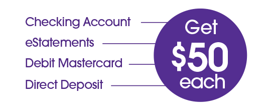 Checking account Debit Mastercard eStatements Direct Deposit Earn $100 Each