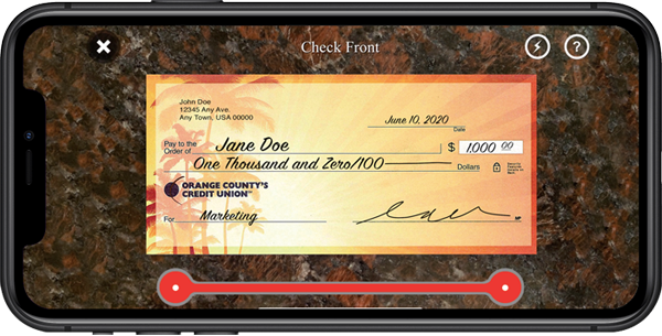 Image of a person check that can be deposited using the Orange County's Credit Union mobile app