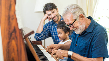 Grandfather, son, and grandchild playing piano