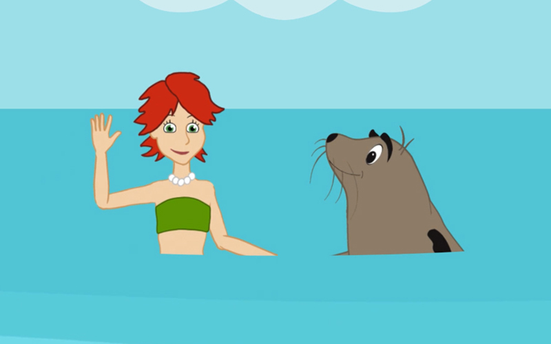Cartoon still of a mermaid and seal in the ocean